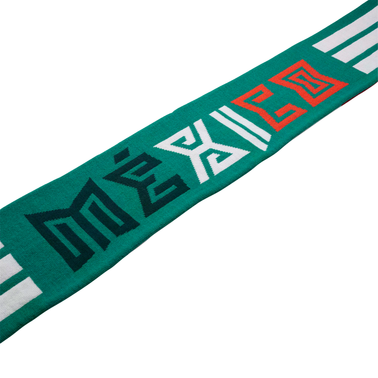 A teal knit scarf with stylized, geometric "MÉXICO" text in dark green, white, and red. Two white stripes appear at each end. Set against a solid black background.