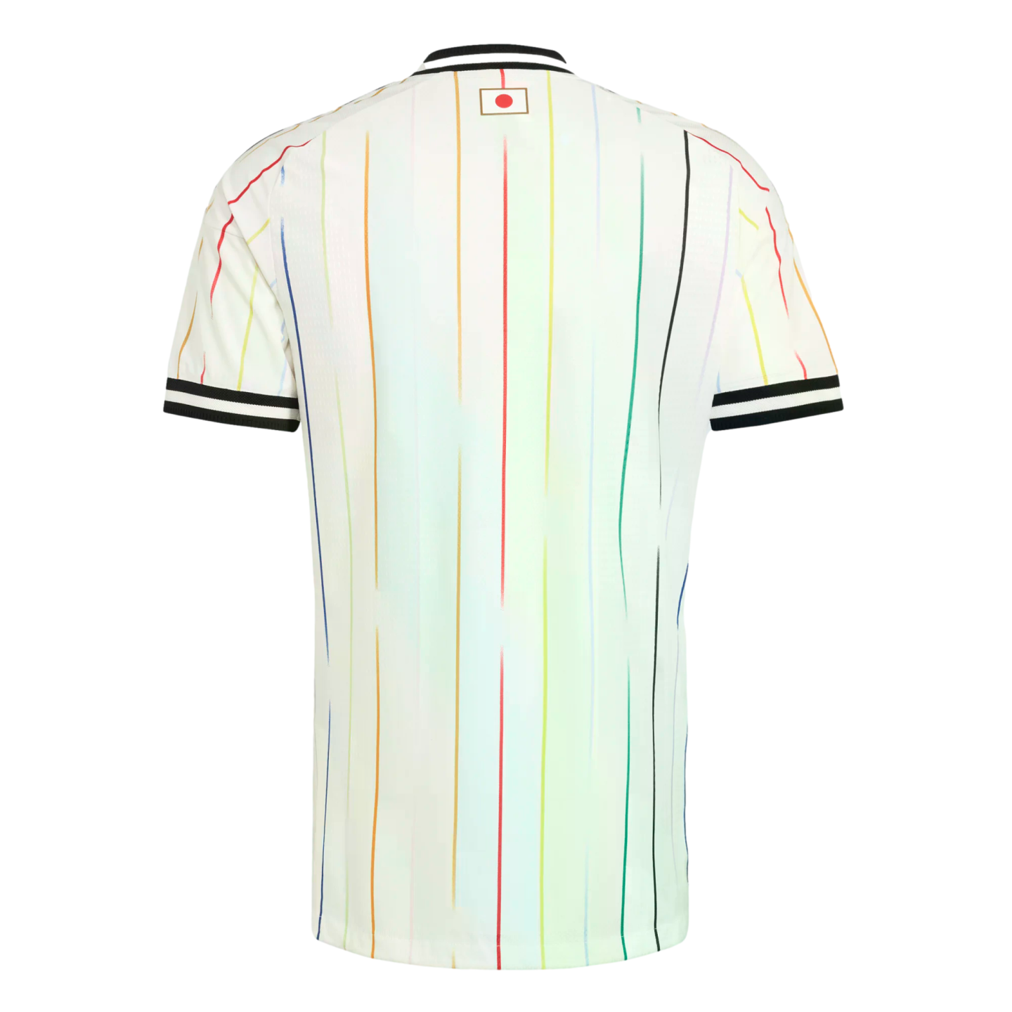 Back view of a white soccer jersey with multi-colored pinstripes, black and white striped collar and cuffs, and a small Japanese flag emblem on the upper back.