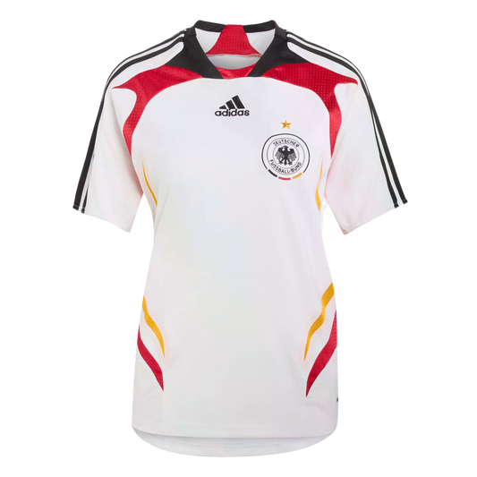 A white Adidas Germany national football team jersey with red, black, and gold accents, featuring the team crest and a single star.