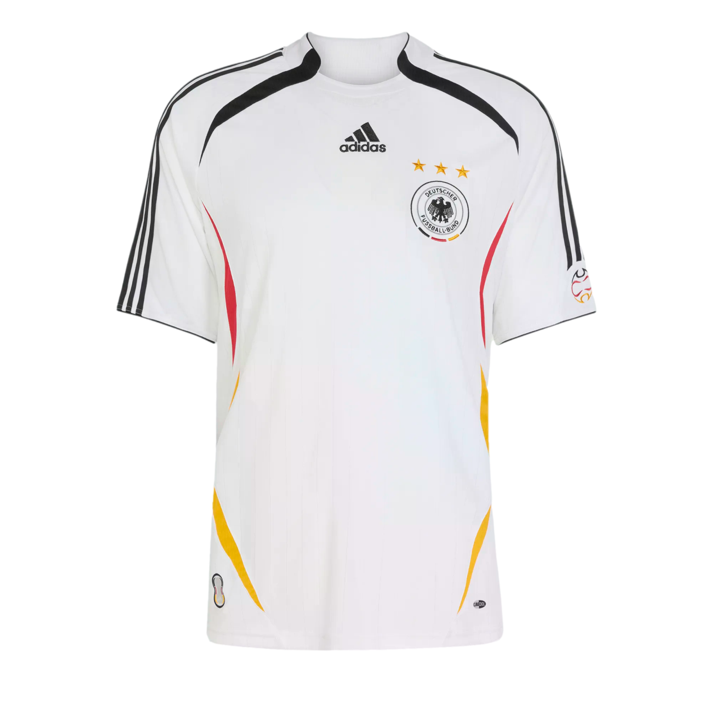A white Adidas Germany national football team home jersey featuring the team crest with three gold stars and black, red, and yellow side accents.