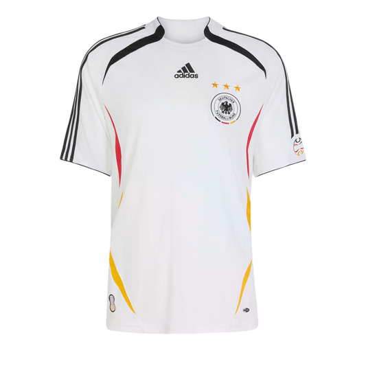 A white Adidas Germany national football team home jersey featuring the team crest with three gold stars and black, red, and yellow side accents.