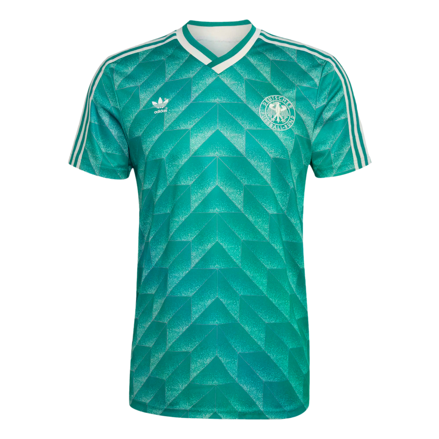Green Adidas Germany soccer jersey with a bold geometric diamond pattern, white V-neck, white shoulder stripes, and the DFB crest on the chest.