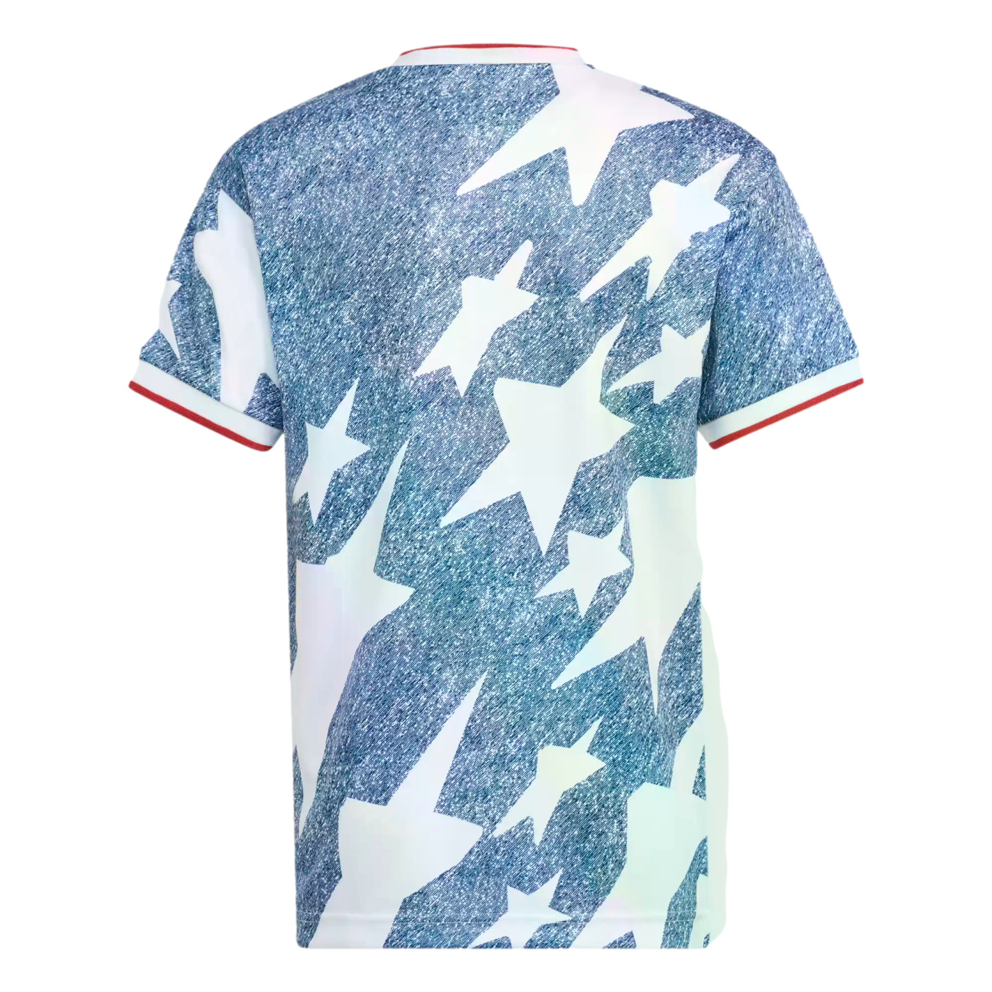 Back view of a light blue denim-textured t-shirt featuring large white stars and red and white trim on the collar and cuffs.