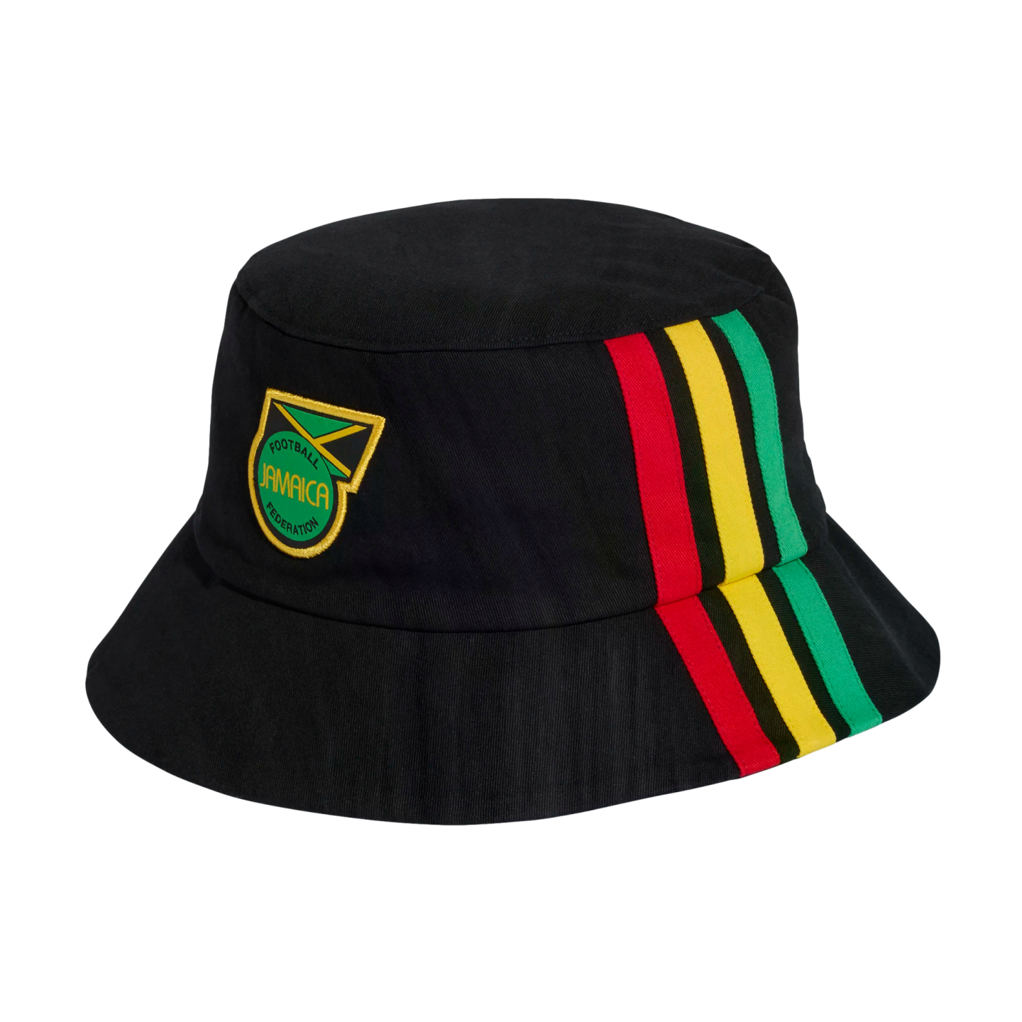 Black bucket hat featuring the Jamaica Football Federation crest on the front and vertical red, yellow, and green stripes along the side.