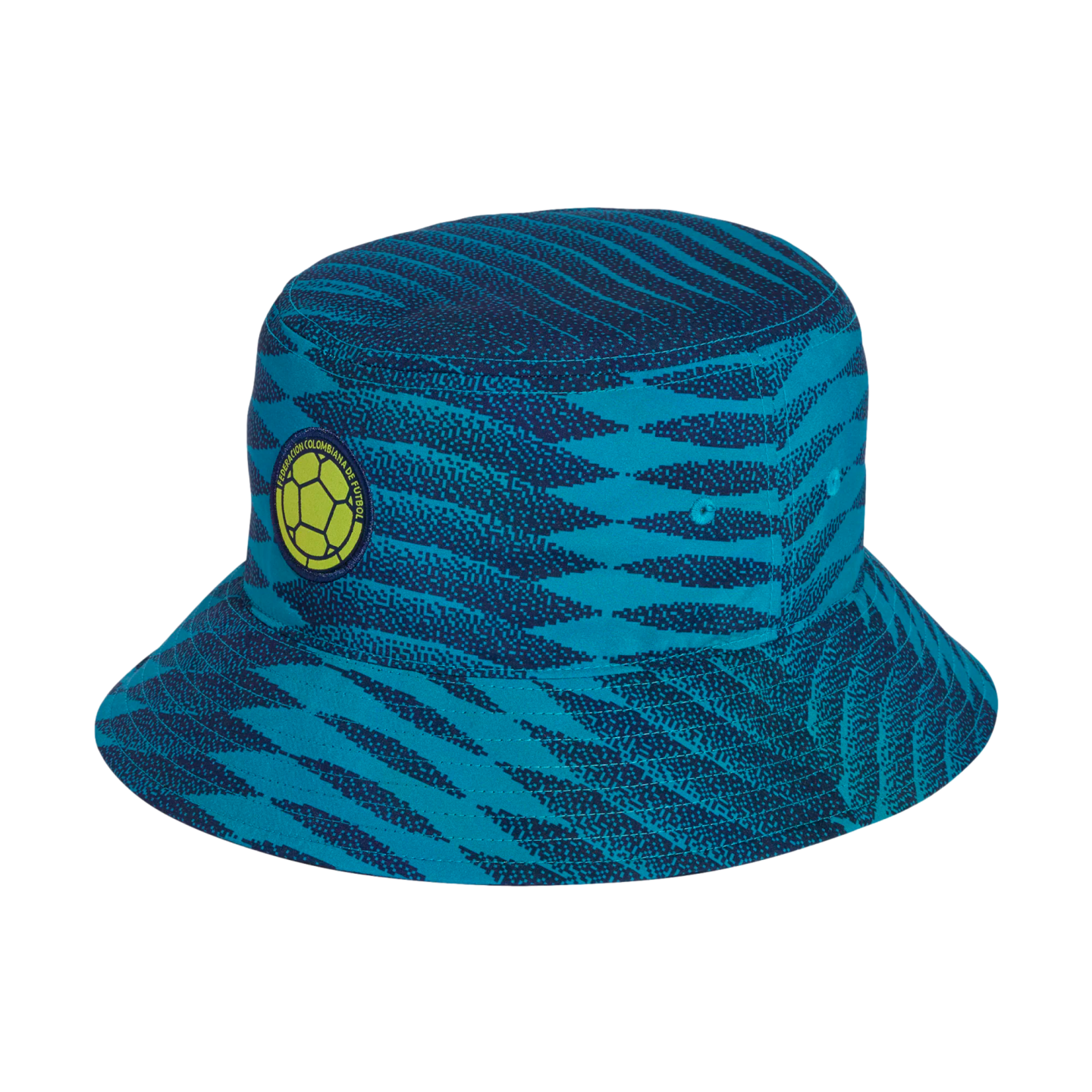 A bucket hat with a teal and navy blue wavy pattern, featuring the circular yellow and green logo of the Federación Colombiana de Fútbol.