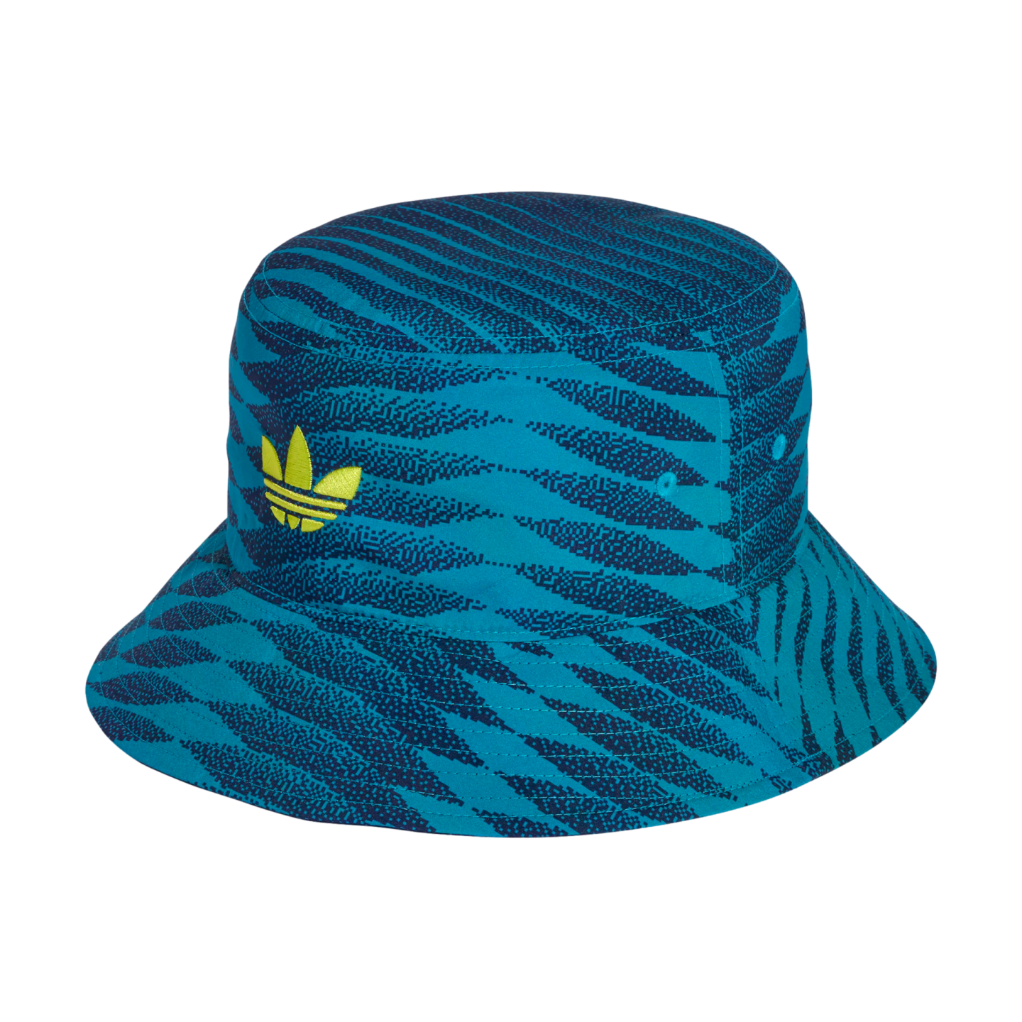An Adidas bucket hat with a teal and navy digital zebra print and a bright yellow trefoil logo on the front, set against a black background.
