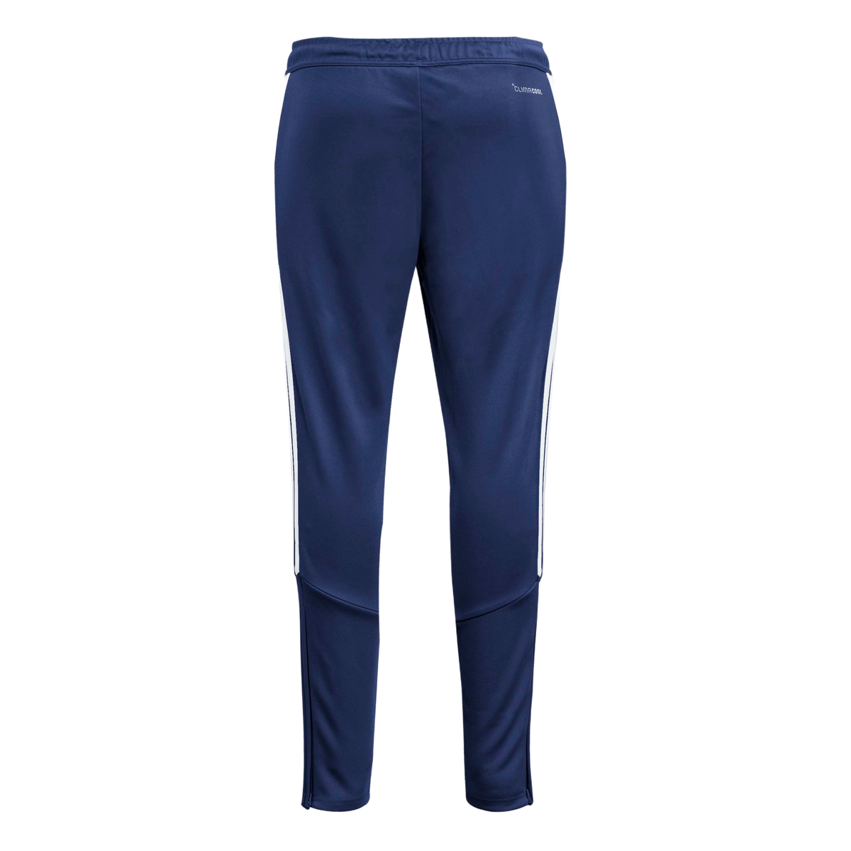 A rear view of navy blue Adidas track pants featuring three white side stripes, "CLIMACOOL" branding on the hip, mesh panels on the lower legs, and ankle zippers.