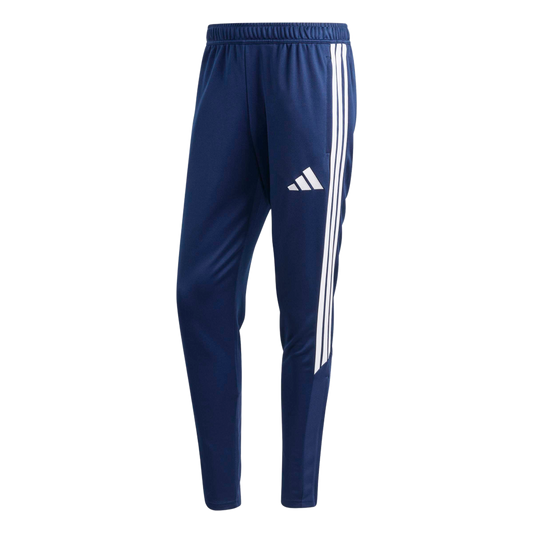 A pair of navy blue Adidas track pants with three white side stripes and a white logo on the left thigh.
