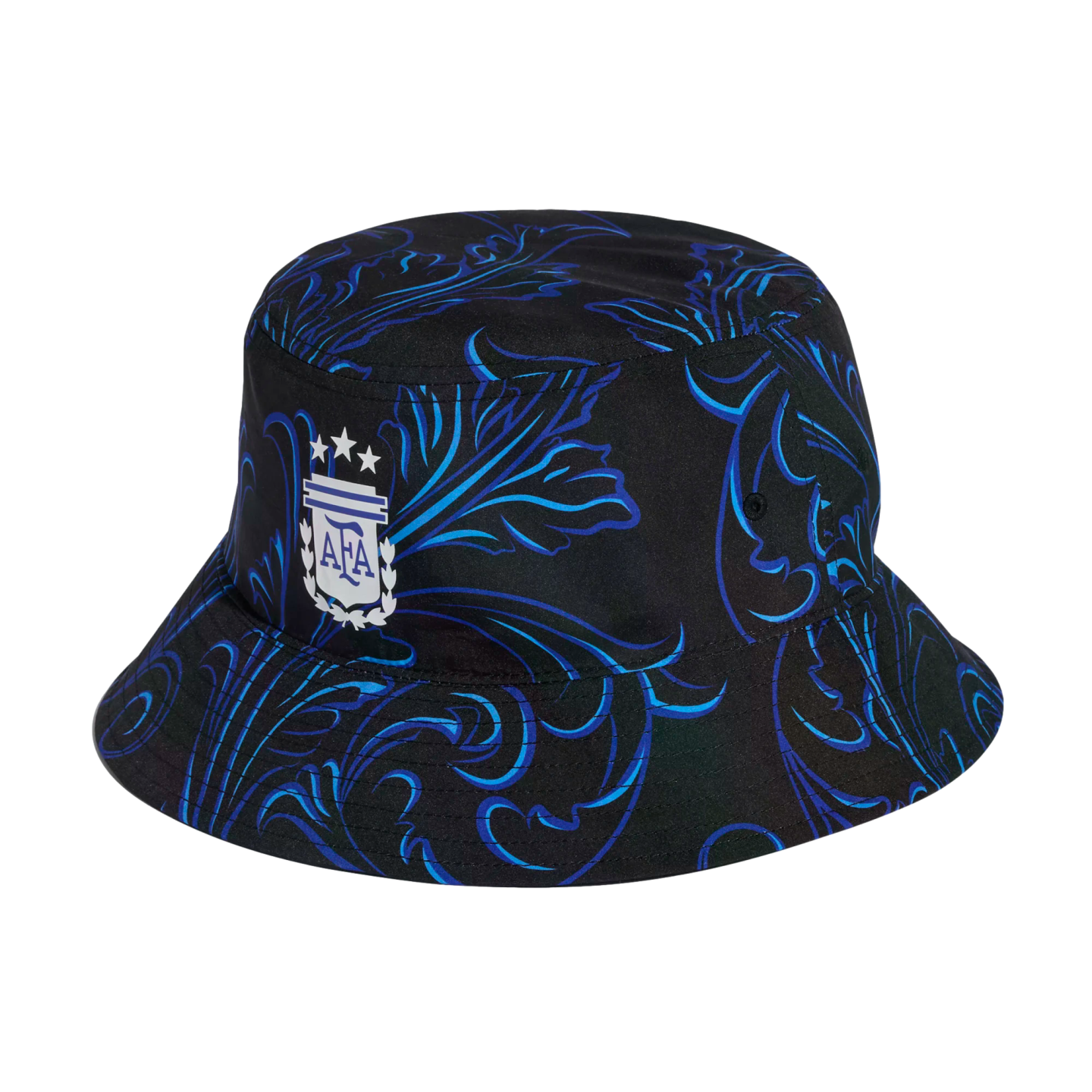 Black bucket hat with a blue ornate swirling pattern, featuring the Argentine Football Association (AFA) crest with three stars on the front.