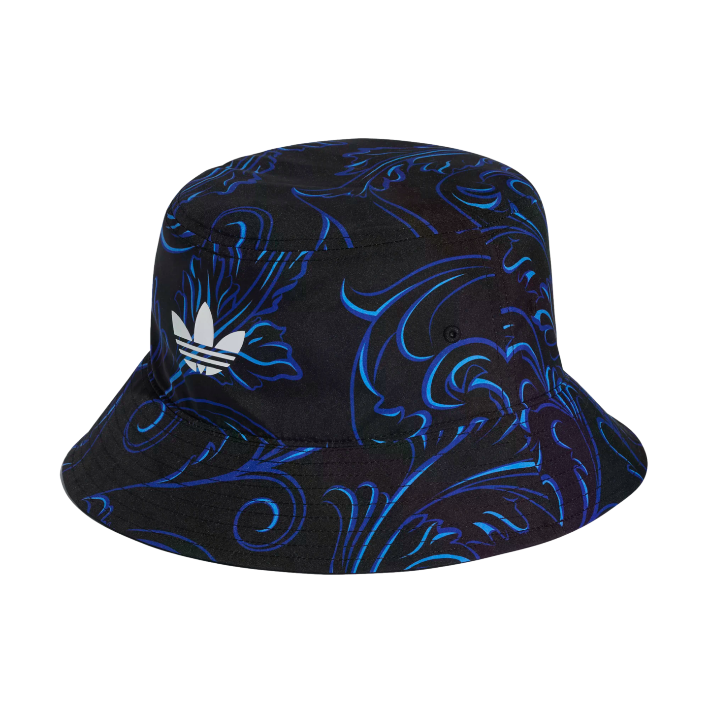 Black Adidas bucket hat with a blue and purple ornate swirl pattern and a white trefoil logo on the front.