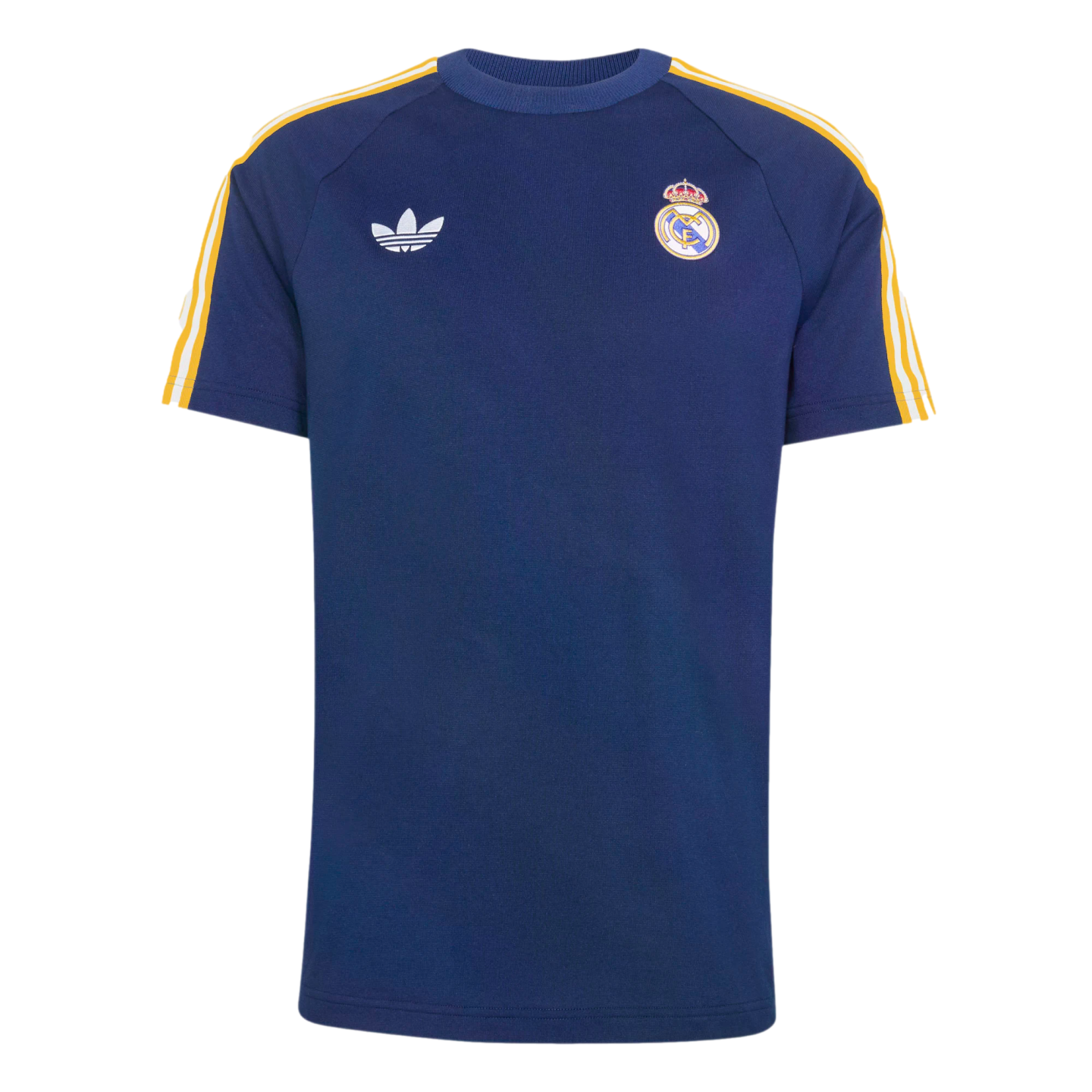 Dark blue short-sleeve t-shirt with a Real Madrid crest, white Adidas trefoil logo, and yellow and white stripes along the shoulders.