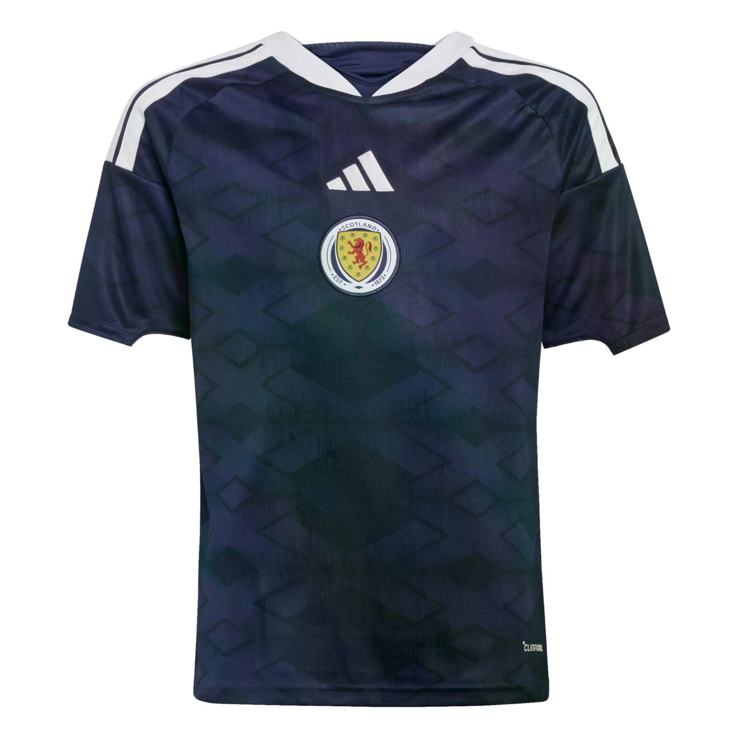 Dark blue Adidas Scotland football jersey with white shoulder stripes and a subtle geometric pattern across the front.