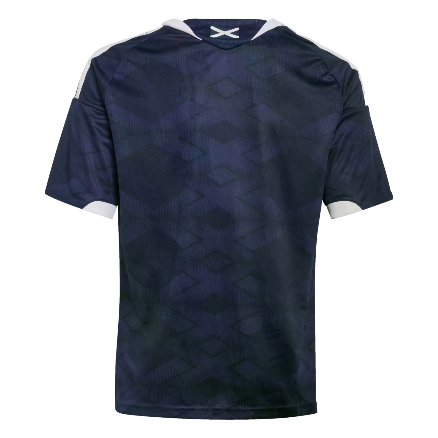 Back view of a navy blue short-sleeve jersey featuring a subtle tonal diamond pattern, white trim on the neck and sleeves, and a small white 'X' logo on the back collar.