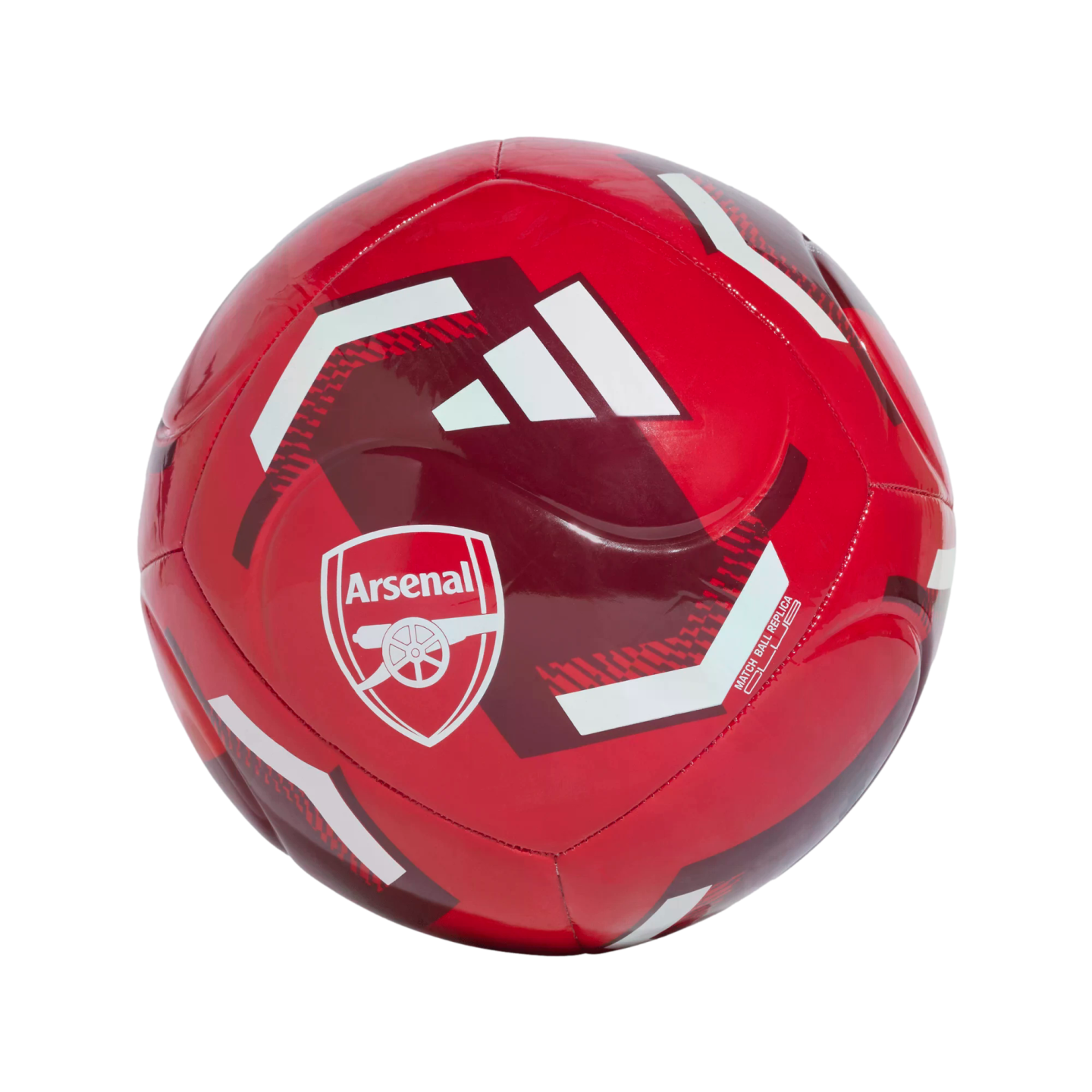 A red Adidas Arsenal FC replica soccer ball with white and maroon geometric designs and the team crest, isolated on a white background.