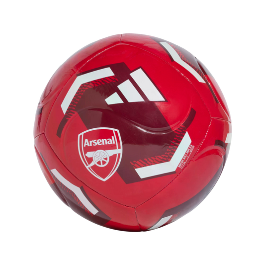 A red Adidas Arsenal FC replica soccer ball with white and maroon geometric designs and the team crest, isolated on a white background.
