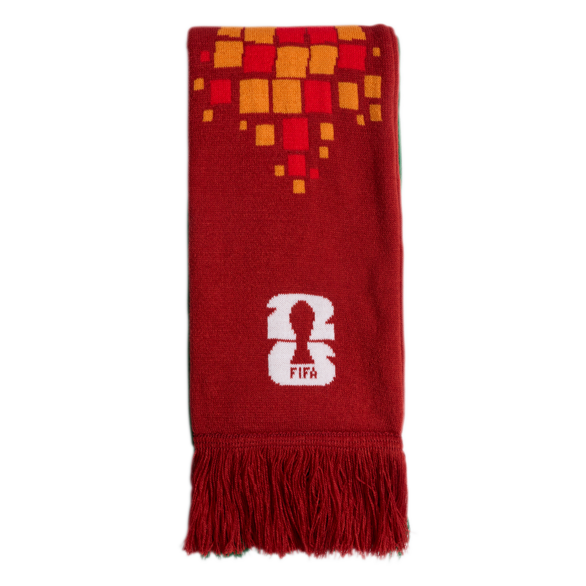 A red scarf featuring an orange and yellow square pattern, a white FIFA 26 logo, and red fringe at the bottom.
