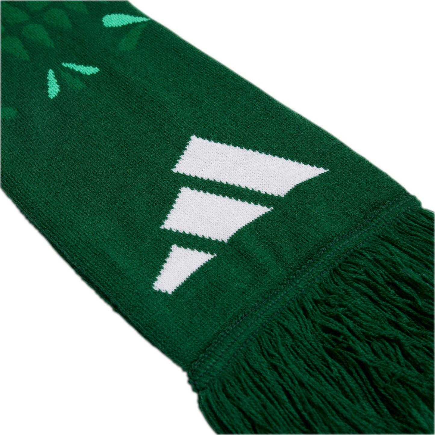 A green knitted Adidas scarf with a white logo and fringed edges.