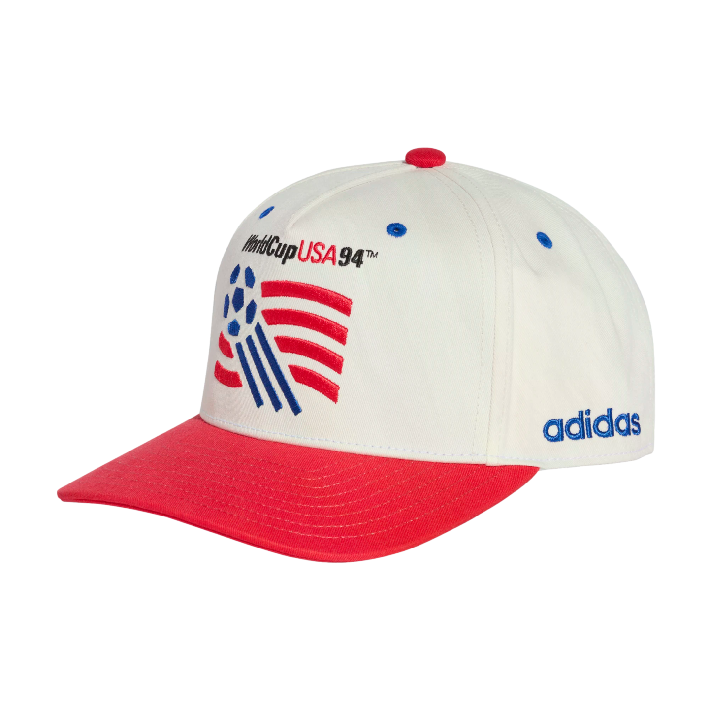A white and red baseball cap featuring the embroidered 1994 World Cup USA logo and "adidas" branding on the side.
