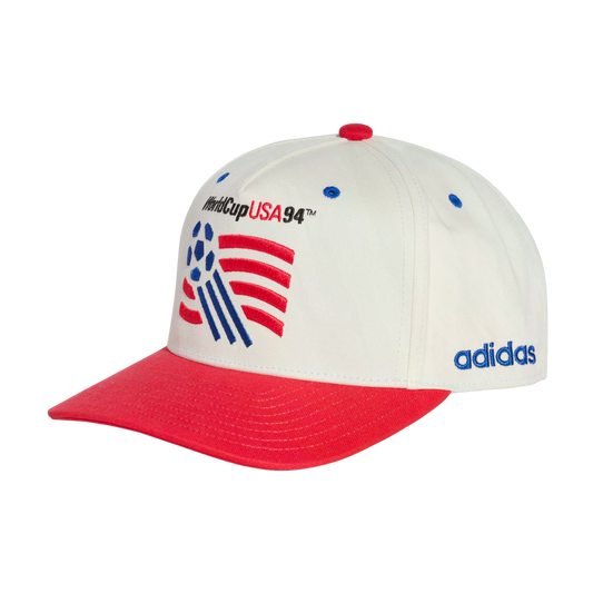 A white and red baseball cap featuring the embroidered 1994 World Cup USA logo and "adidas" branding on the side.