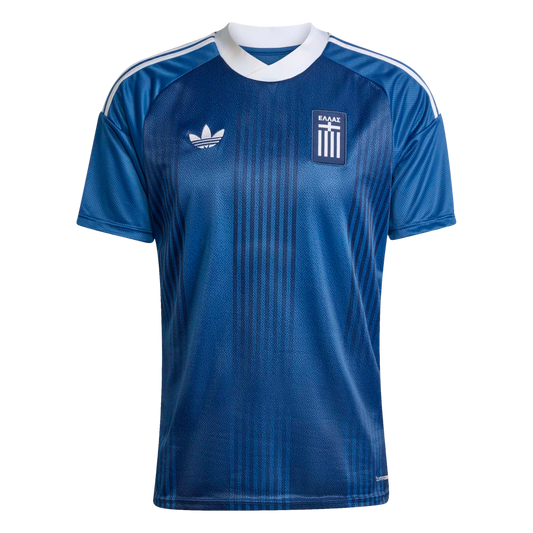 Blue Adidas Greece national soccer jersey with a white collar, trefoil logo, and crest. Features subtle vertical tonal stripes and white shoulder stripes.