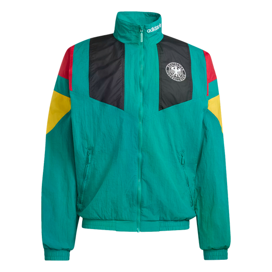 A teal Adidas zip-up windbreaker featuring black panels on the chest, red and yellow accents on the shoulders, and the German national football team crest.