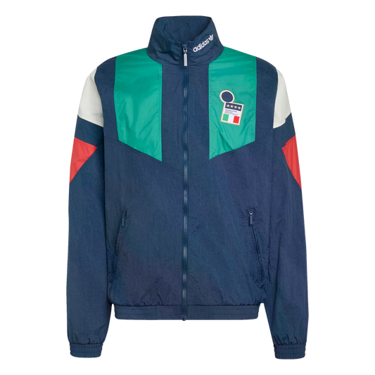 A navy blue Adidas track jacket featuring green chest panels, white and red sleeve accents, and an Italy national football team badge.