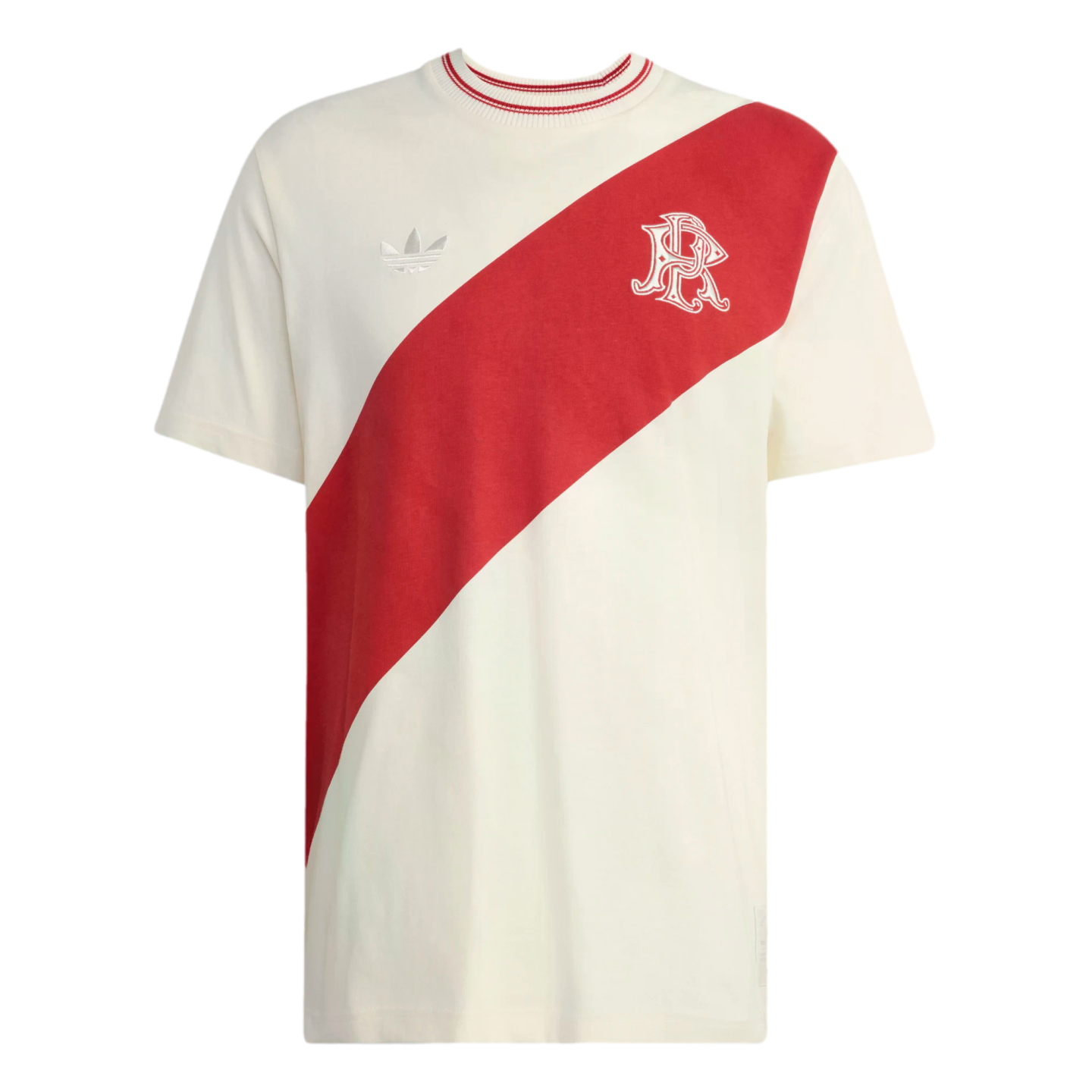 Off-white Adidas t-shirt with a bold red diagonal sash across the front. It features a white trefoil logo, a white interlocking monogram on the sash, and a striped collar.