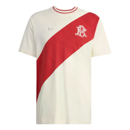 Off-white Adidas t-shirt with a bold red diagonal sash across the front. It features a white trefoil logo, a white interlocking monogram on the sash, and a striped collar.