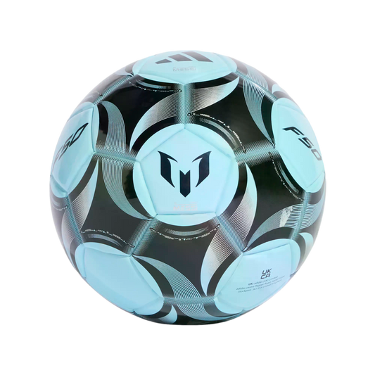 Light blue and black Adidas F50 soccer ball featuring Lionel Messi's logo and abstract patterns, centered on a black background.