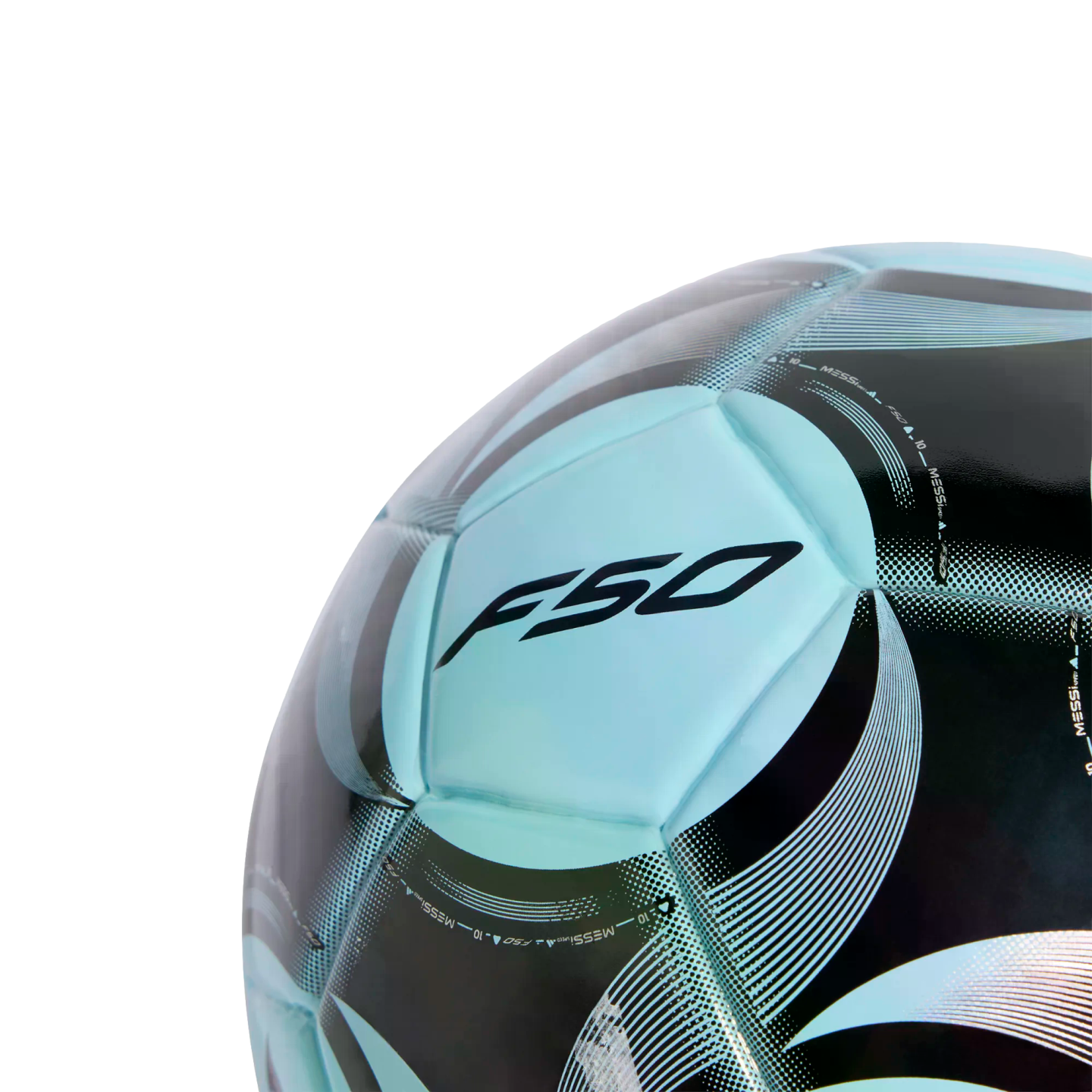 Close-up of a light blue and black soccer ball featuring the F50 logo and Messi 10 branding against a black background.