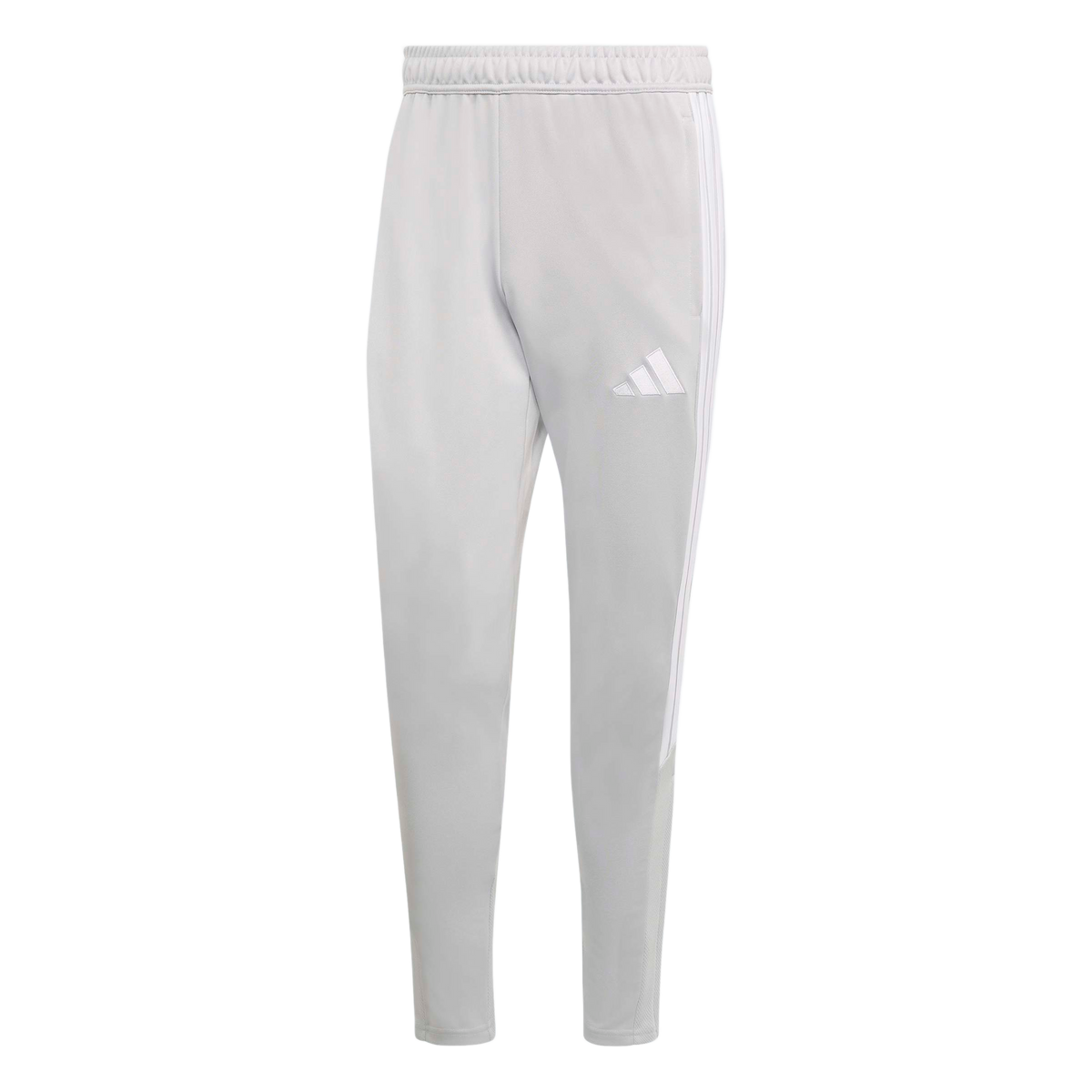 A pair of light grey Adidas track pants featuring three white stripes down the sides and a white logo on the left thigh.