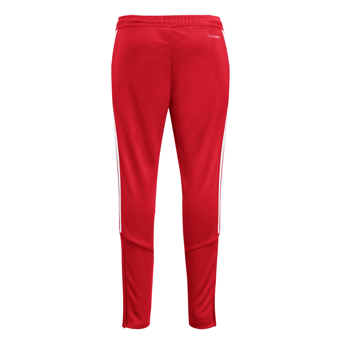 Back view of red Adidas track pants featuring white side stripes, textured lower leg panels, and a CLIMACOOL logo on the hip.