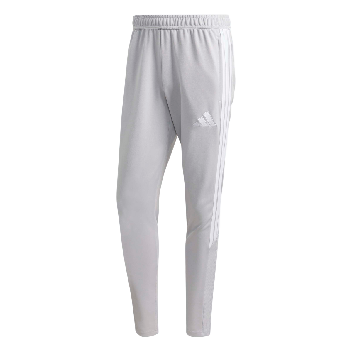 Light grey Adidas training pants featuring three white side stripes, an elastic waistband, and a white logo on the left thigh.