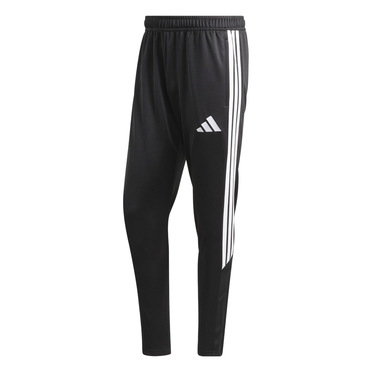 Black Adidas athletic pants featuring three white stripes down the side and a white logo on the left thigh.