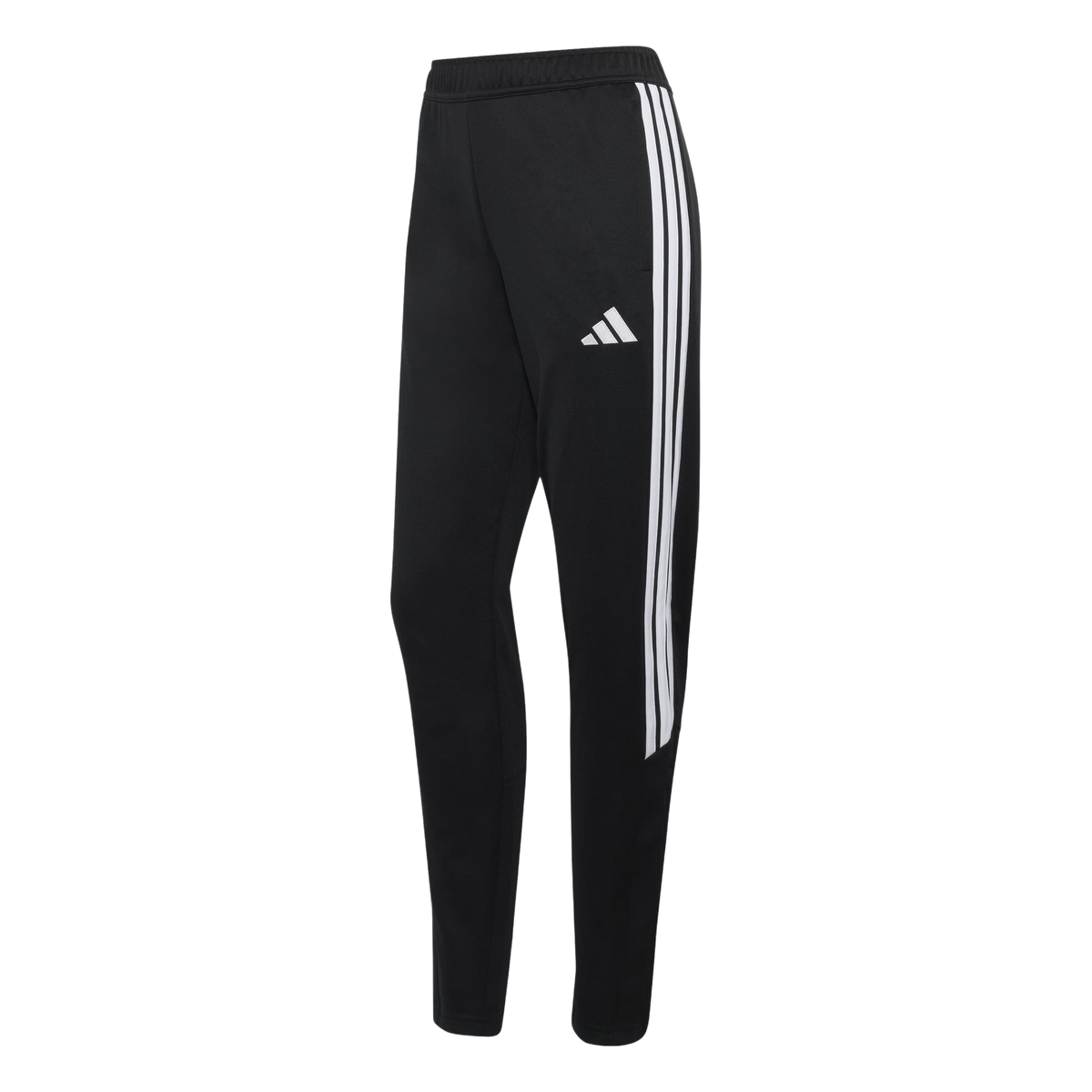A pair of black Adidas sweatpants featuring three white stripes along the side and a white Adidas logo on the thigh.