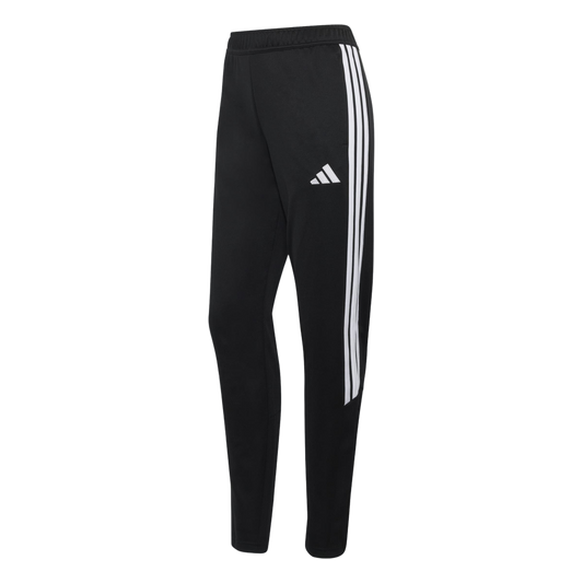 A pair of black Adidas sweatpants featuring three white stripes along the side and a white Adidas logo on the thigh.