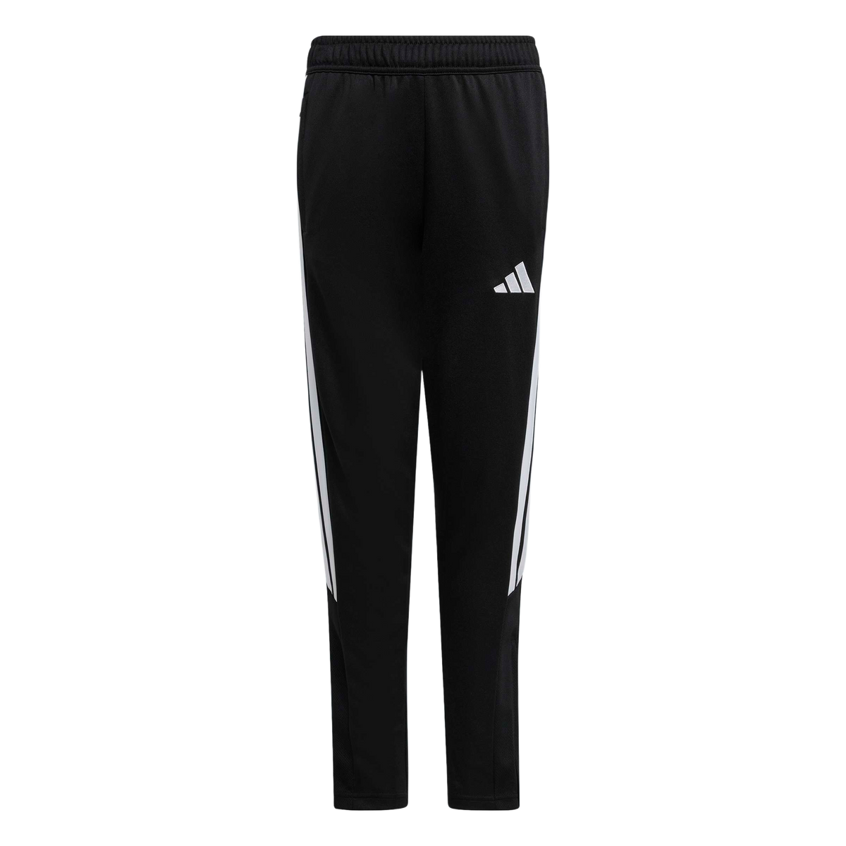Black Adidas track pants with white stripes down the sides and a white logo on the left thigh.