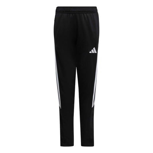 Black Adidas track pants with white stripes down the sides and a white logo on the left thigh.