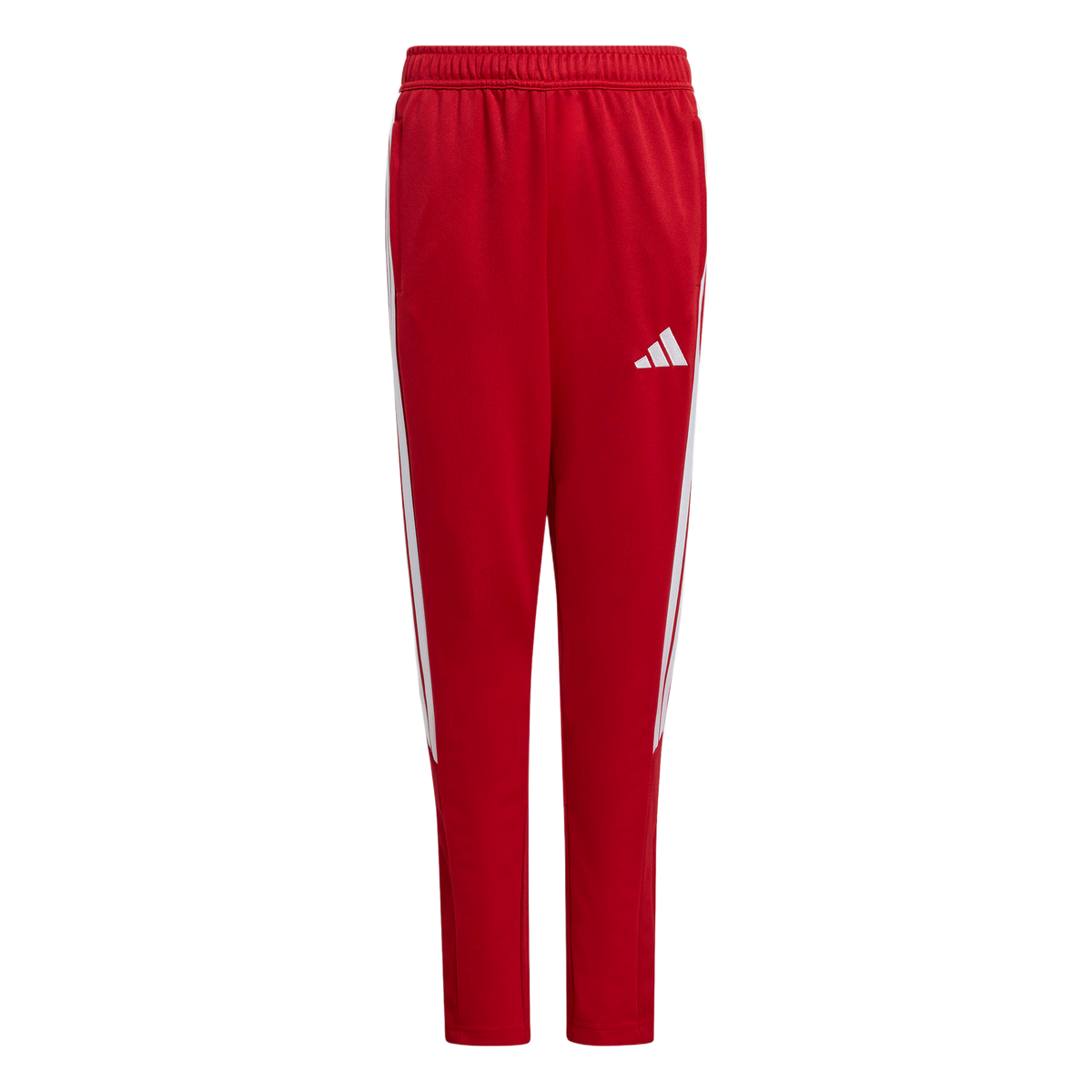 Red Adidas tracksuit pants with white stripes on the outer legs and a white logo on the left thigh.