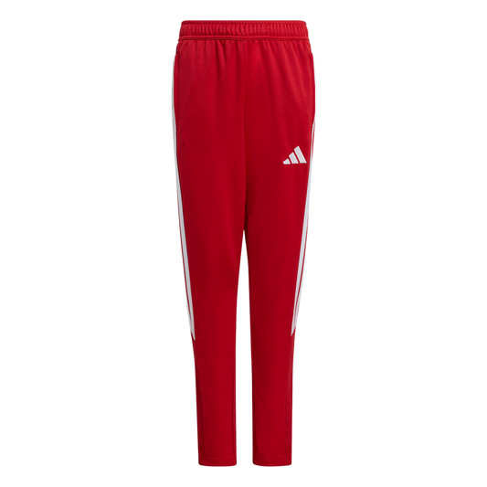Red Adidas tracksuit pants with white stripes on the outer legs and a white logo on the left thigh.