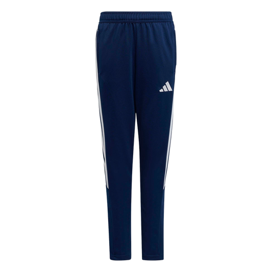 Navy blue Adidas track pants with white three-stripes on the sides and a white logo on the right thigh. Featuring an elastic waistband and tapered legs.