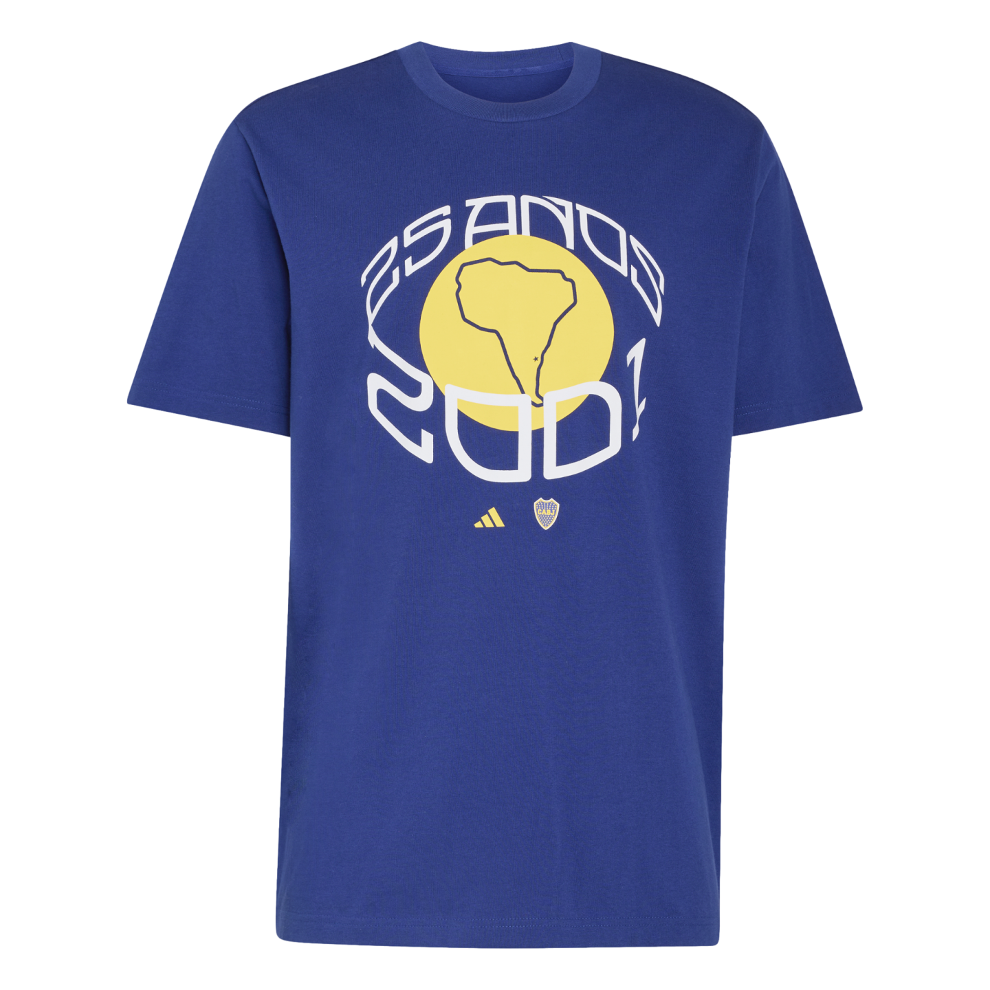 Blue t-shirt with a central graphic: "25 AÑOS 2001" in white framing a map of South America on a yellow circle. Small Adidas and Boca Juniors logos are below.