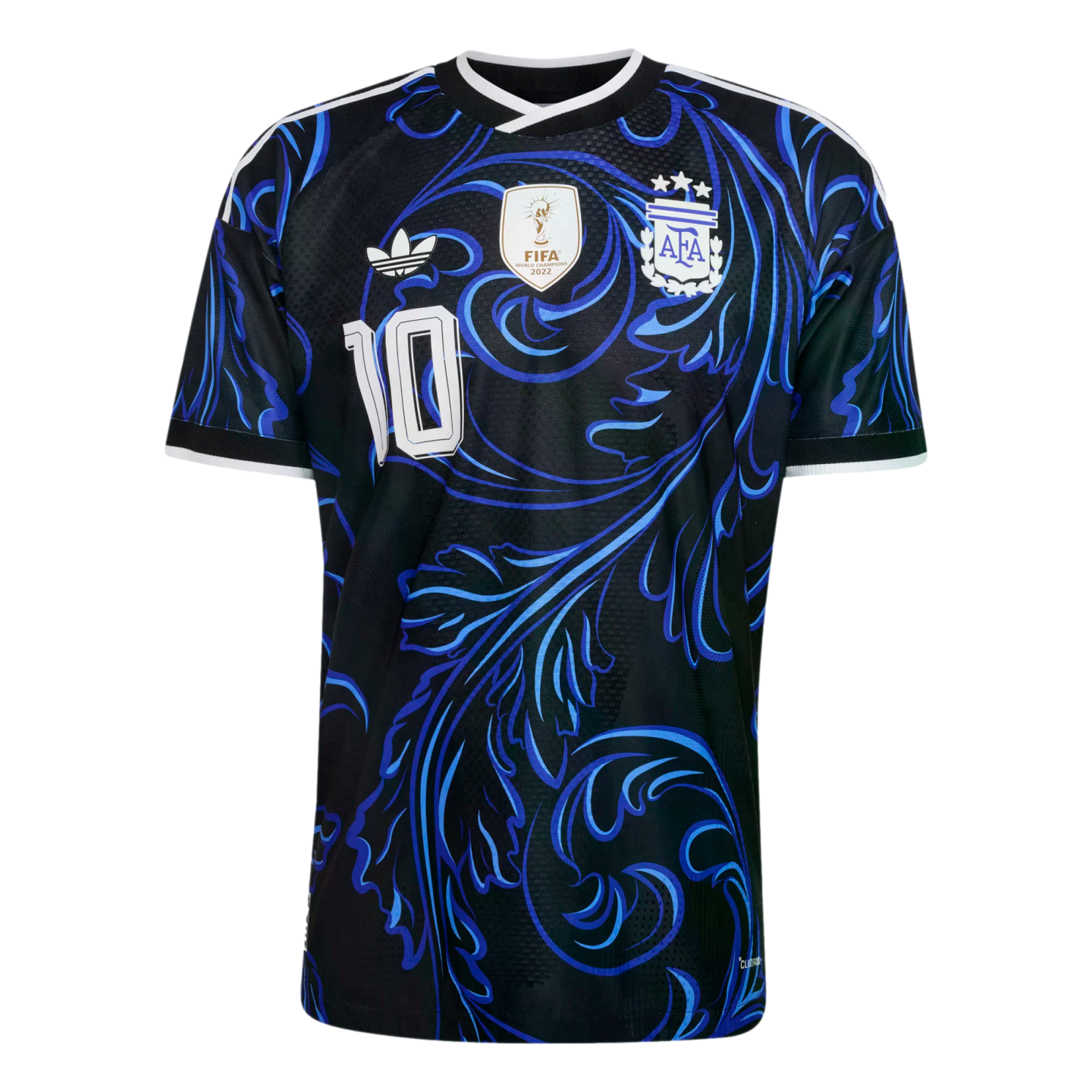 Black Argentina jersey with blue swirl patterns, featuring the AFA crest, FIFA World Champions 2022 patch, Adidas logo, and the number 10 on the front.
