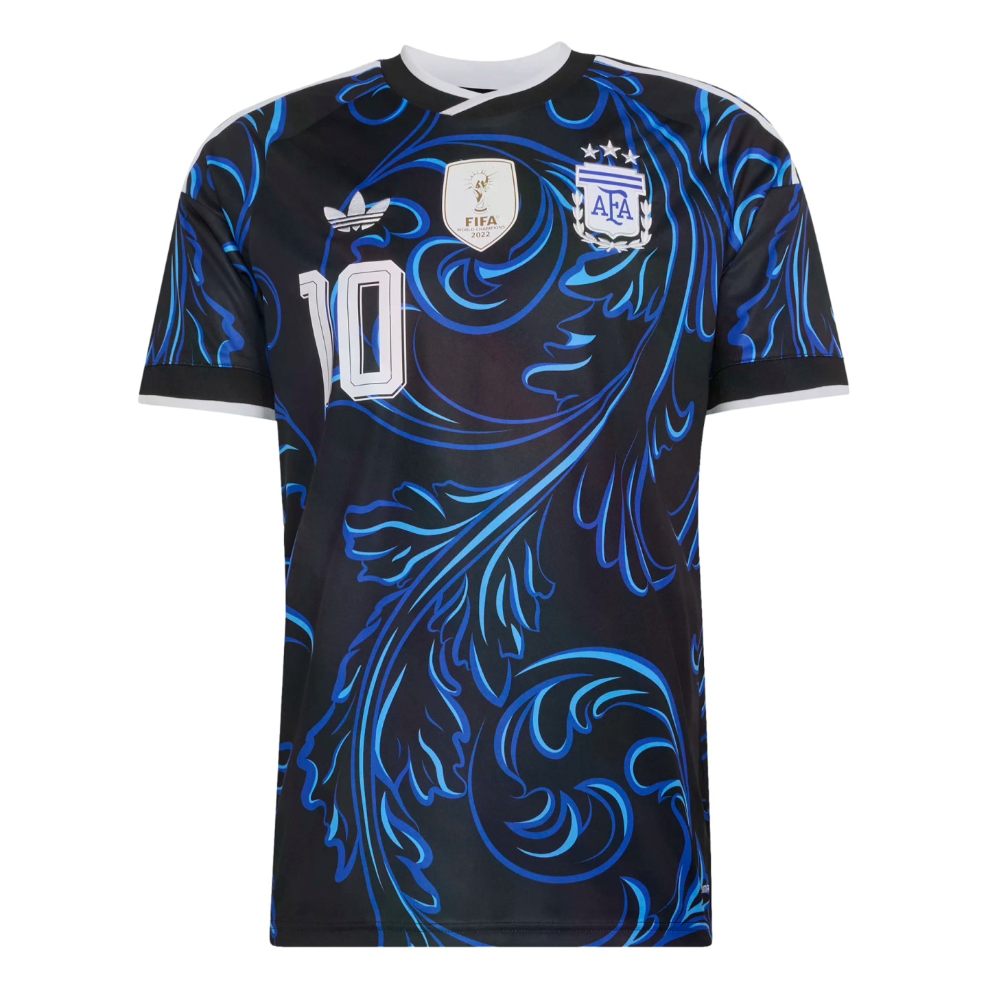 A black Argentina football jersey featuring blue swirling patterns, the AFA crest, FIFA World Champions 2022 badge, Adidas logo, and number 10.