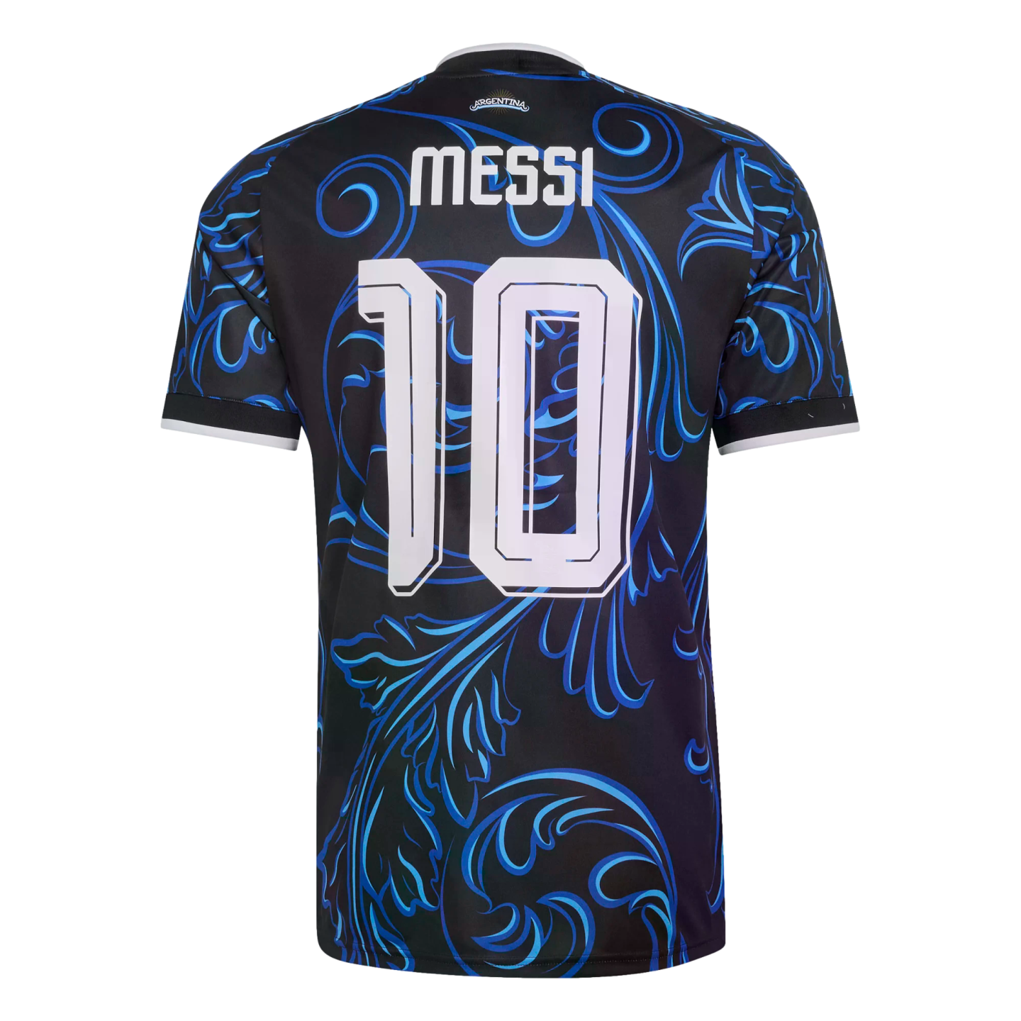 Back of a black Argentina soccer jersey with white "MESSI" and "10" lettering, featuring an intricate blue swirl pattern.