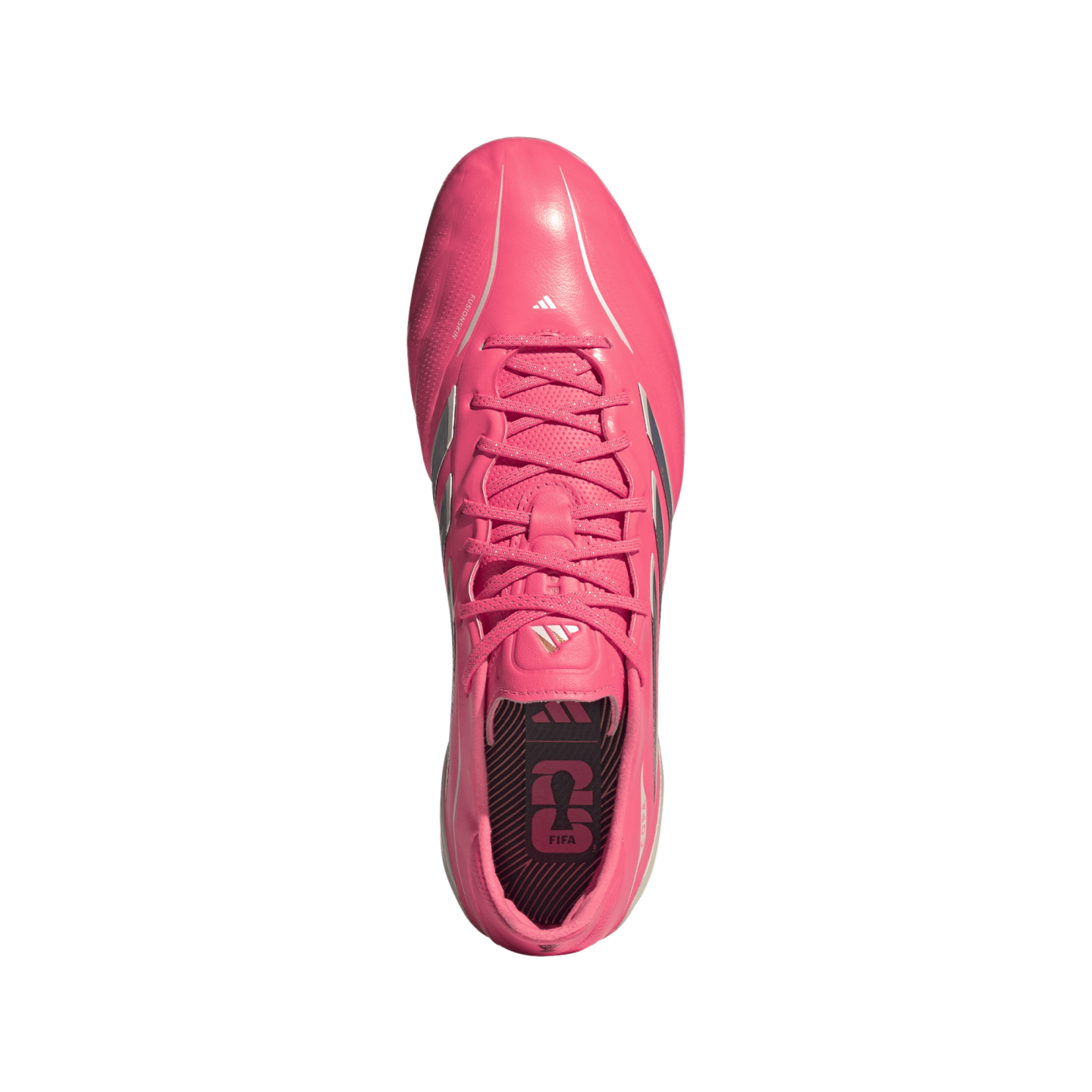 Top-down view of a bright pink Adidas soccer cleat with pink laces and silver accents, isolated on a white background.