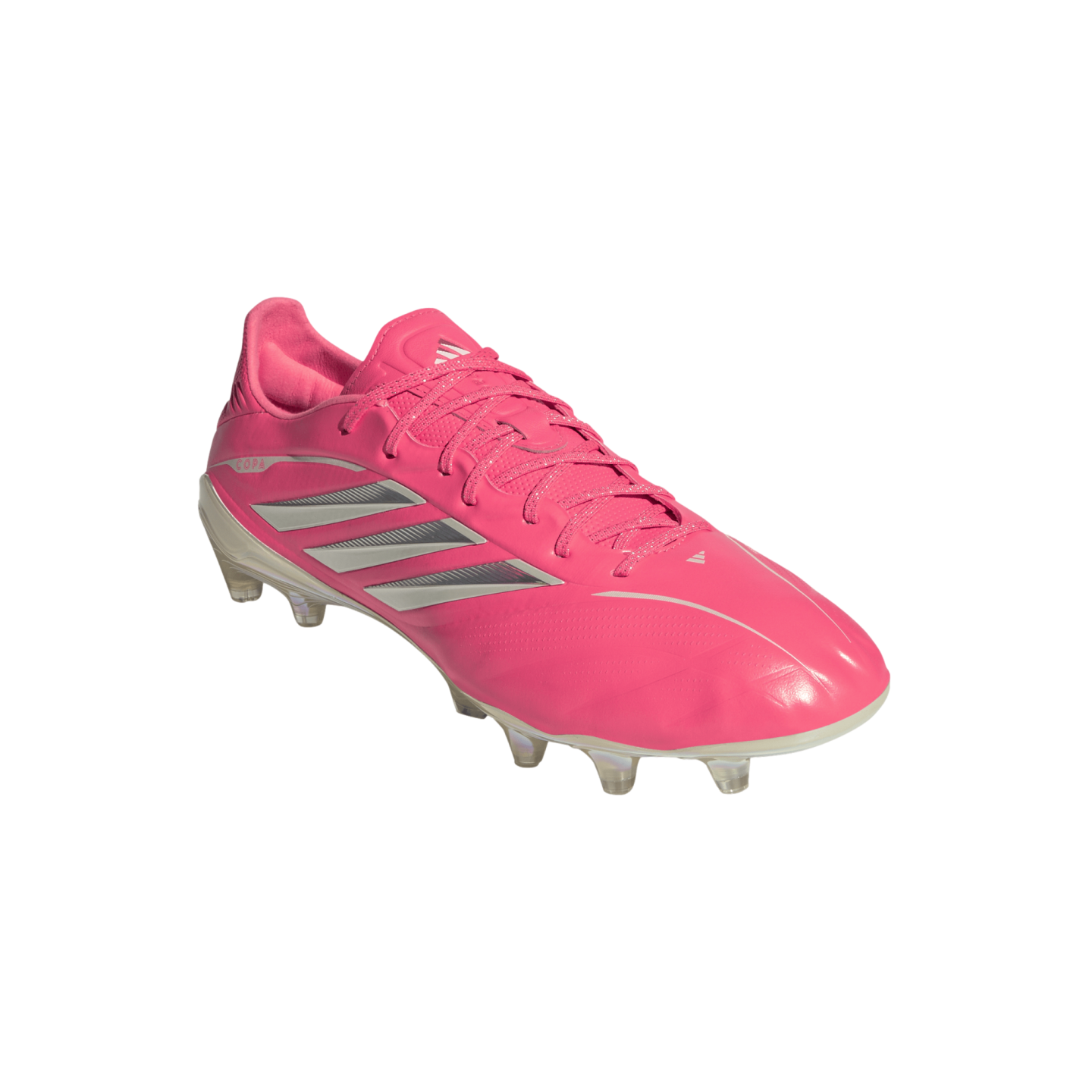 Vibrant pink Adidas Copa soccer cleat with silver stripes and matching pink laces on a white background.