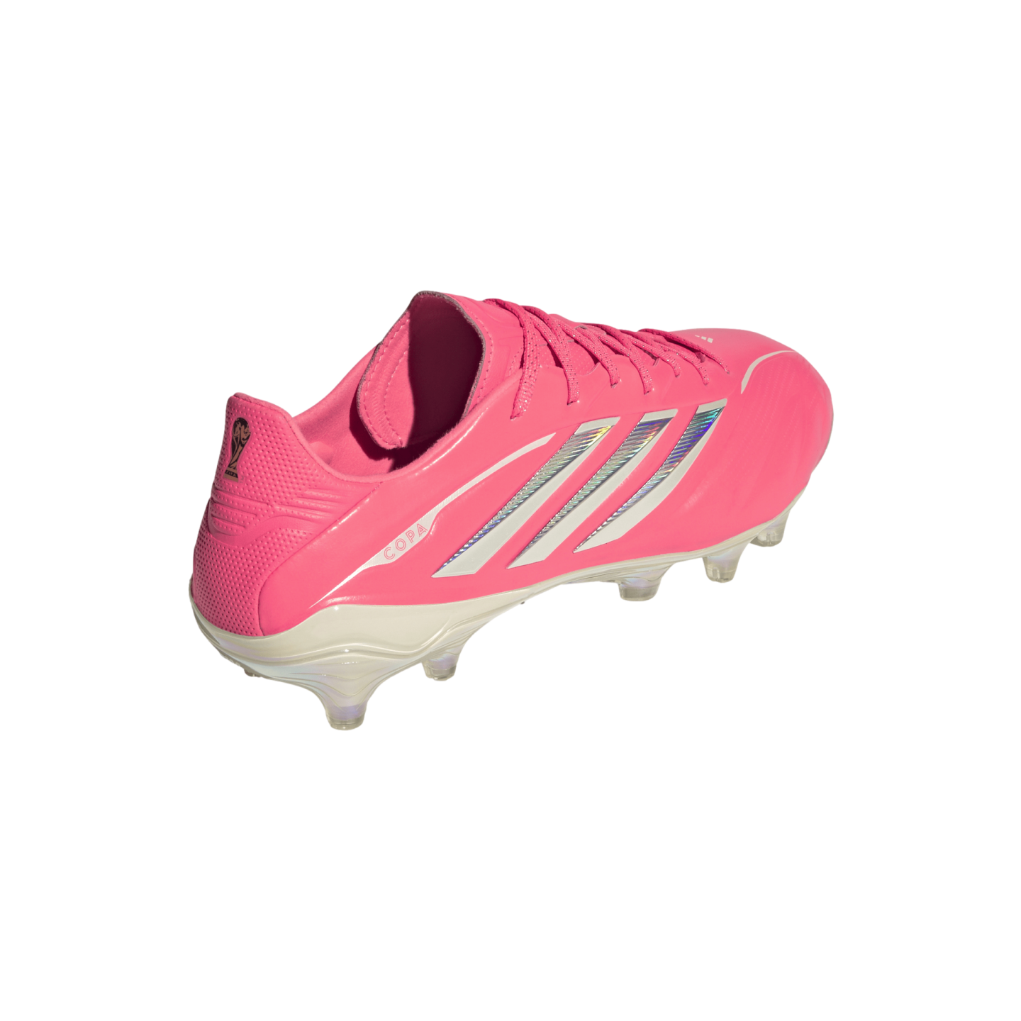 Bright pink Adidas Copa soccer cleat with silver iridescent stripes and white studs, shown from a rear side angle on a plain white background.