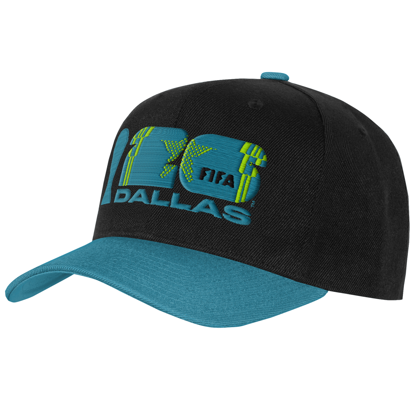 A black baseball cap with a teal bill and button. The front features a large embroidered logo with the number "26" in teal and lime green, containing the word "FIFA" and a star pattern. Below the numbers, the word "DALLAS" is embroidered in teal.