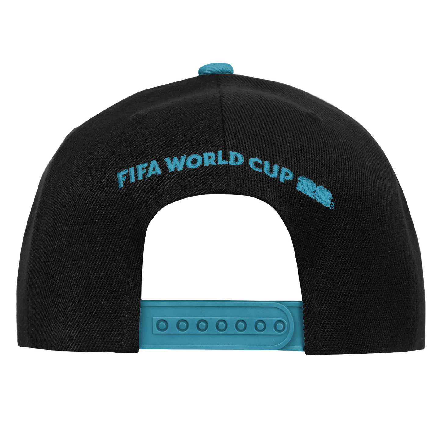 A rear view of a black baseball cap featuring a teal-colored snapback closure, top button, and "FIFA WORLD CUP" text embroidered in teal above the back opening.